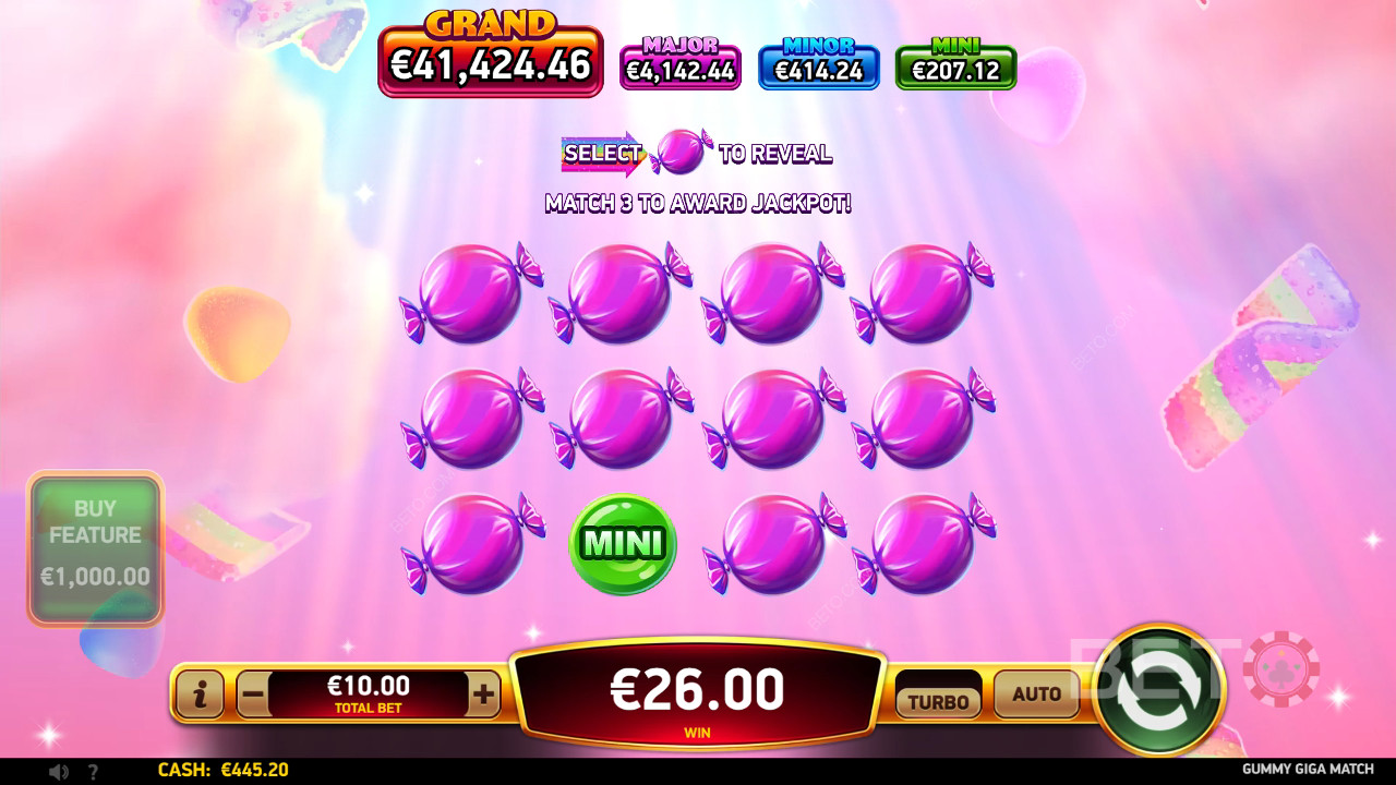 Giải thích về các tính năng thưởng trong Gummy Giga Match của RubyPlay