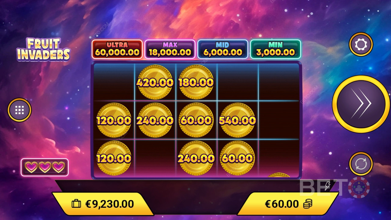 Giải thích về các tính năng thưởng trong Fruit Invaders của Amigo Gaming