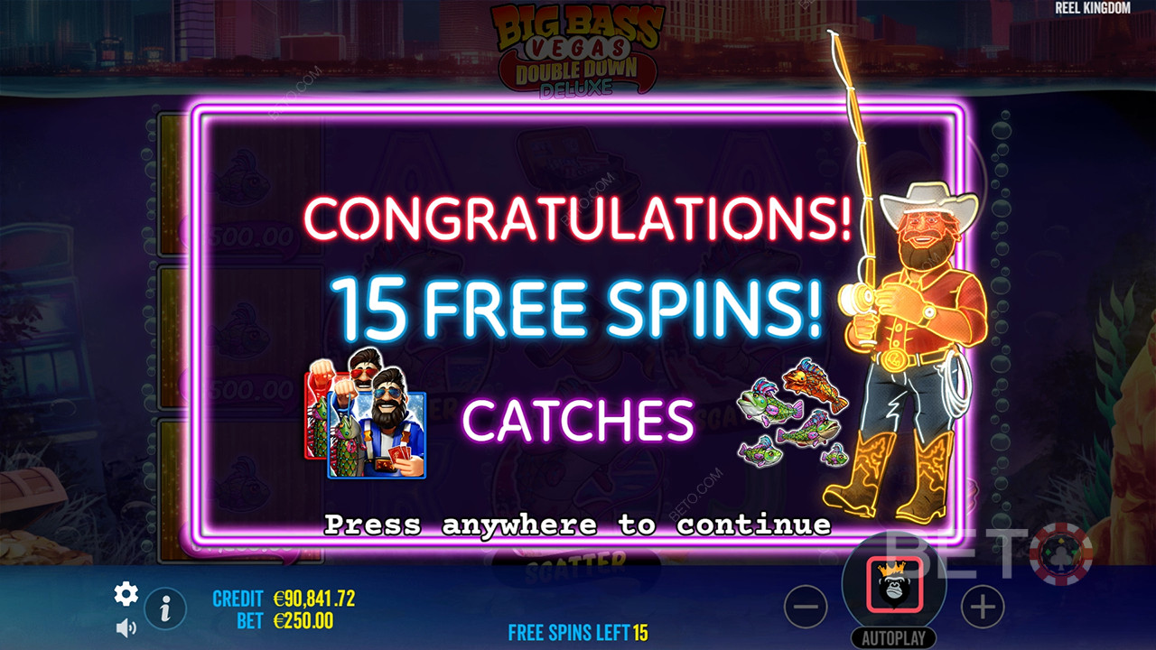 Giải thích về các tính năng thưởng trong Big Bass Vegas Double Down Deluxe của Reel Kingdom