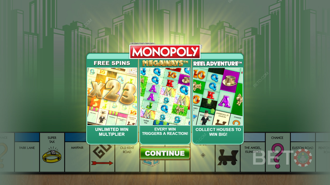 Màn hình bắt đầu của Monopoly Megaways