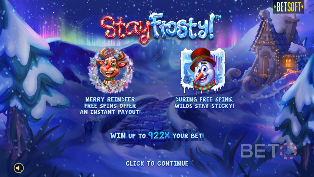 Màn hình giới thiệu trong Stay Frosty! Vòng quay miễn phí của Merry Reindeer & Số tiền thắng tối đa là 922 lần số tiền đặt cược của bạn!