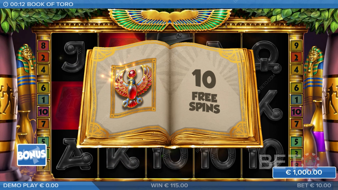 Land 3 Scatters và tận hưởng 10 Vòng quay miễn phí trong khe Book of Toro