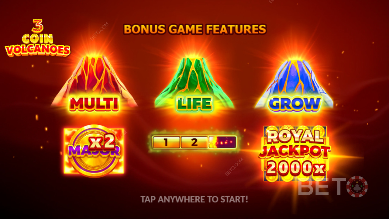 Thắng 2.000 lần tiền cược của bạn trong trò chơi đánh bạc trực tuyến 3 Coin Volcanoes!