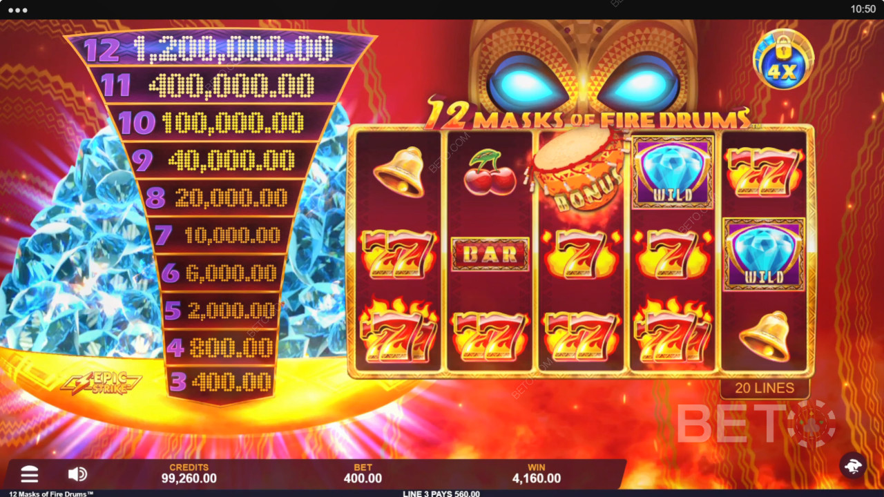 Đánh giá 12 Masks of Fire Drums của BETO Slots