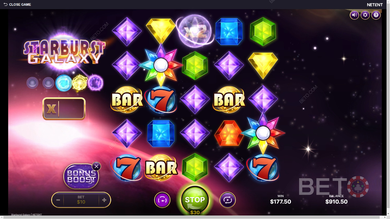 Thắng 25.000 lần tiền cược của bạn trong trò chơi Starburst Galaxy Slot!