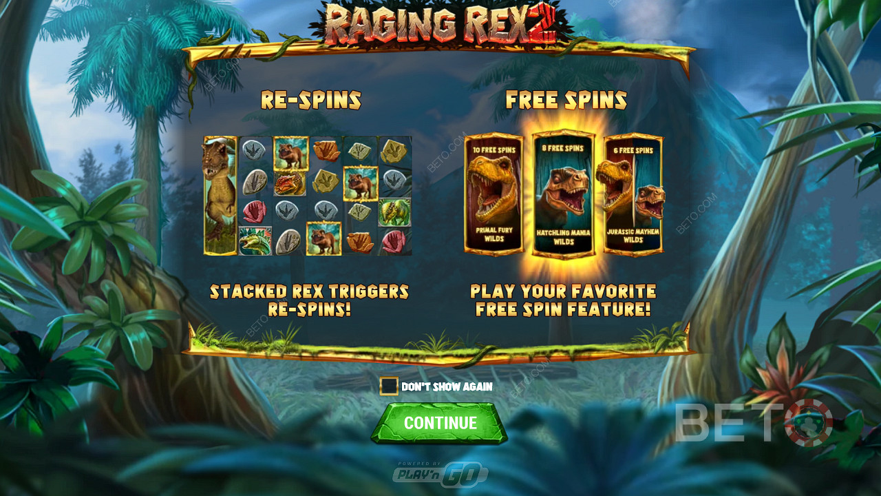 Tận hưởng các Lượt quay lại và 3 loại Lượt quay Miễn phí trong trò chơi Raging Rex 2