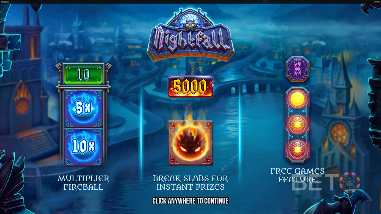 Tận hưởng các tính năng đáng kinh ngạc như Multiplier Fireballs và Free Spins trong slot Nightfall