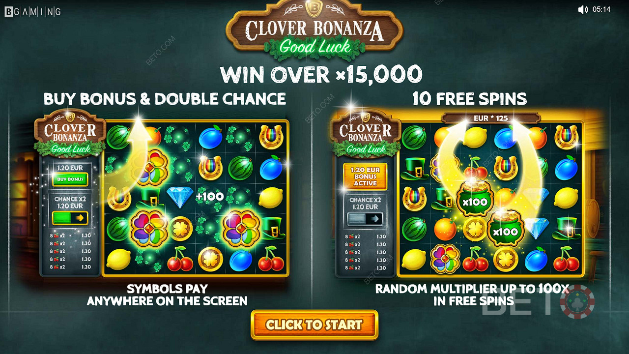 Tận hưởng các tính năng Mua tiền thưởng, Cơ hội nhân đôi và Vòng quay miễn phí trong máy đánh bạc Clover Bonanza