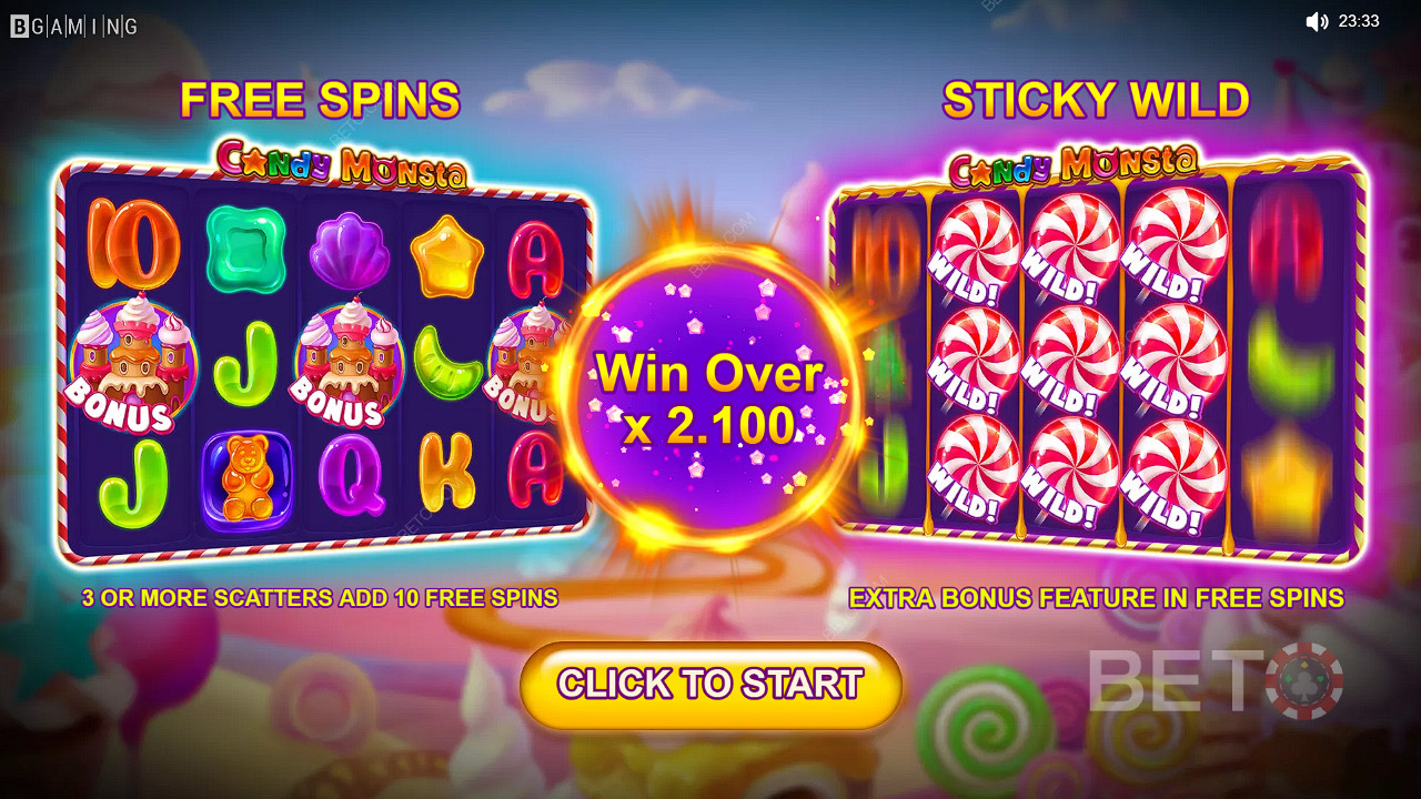 Chơi Candy Monsta Slot - ngay bây giờ để có cơ hội giành giải thưởng tiền mặt trị giá 1.000 lần tổng số tiền đặt cược