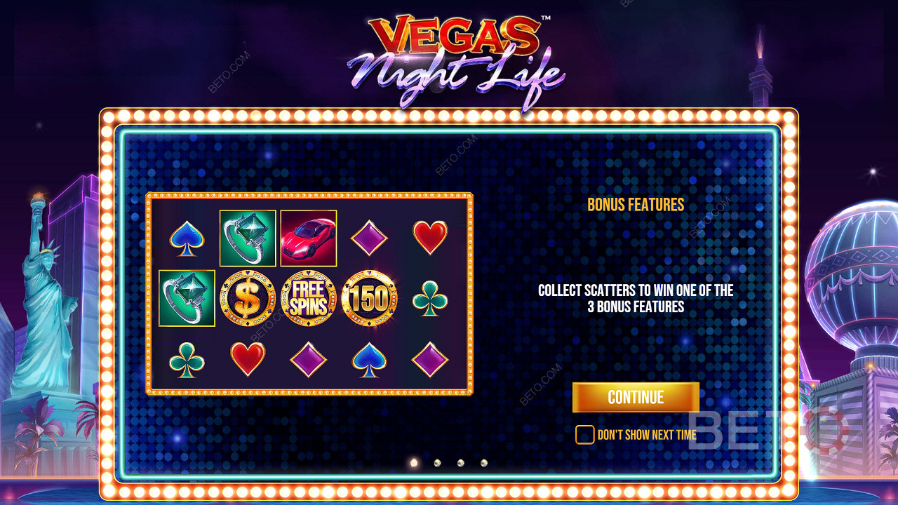 3 Scatters sẽ thưởng cho bạn một trong những phần thưởng trong máy đánh bạc Vegas Night Life