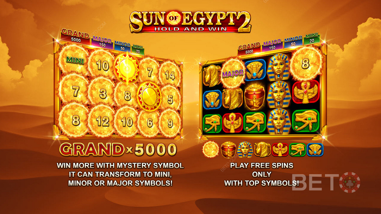 Tận hưởng Giải đặc biệt trị giá tới 5.000 lần số tiền đặt cược của bạn và Vòng quay miễn phí trong trò chơi Sun of Egypt 2