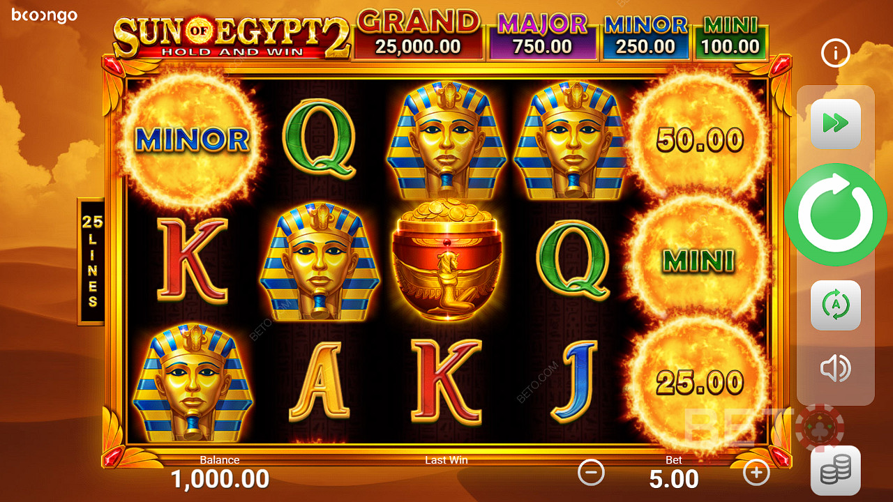 Sáu biểu tượng tiền thưởng trở lên kích hoạt trò chơi Tiền thưởng trong khe Sun of Egypt 2