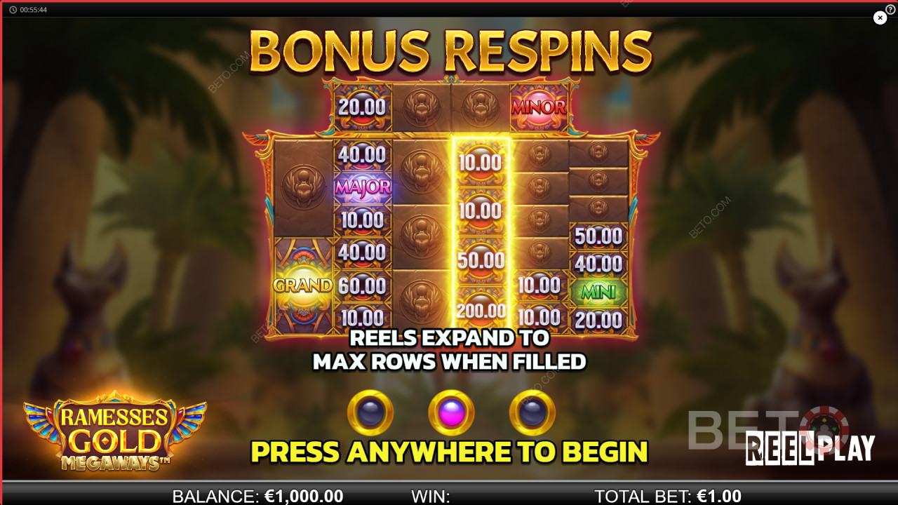 Giải thích về các tính năng thưởng trong Ramesses Gold Megaways của Reel Play