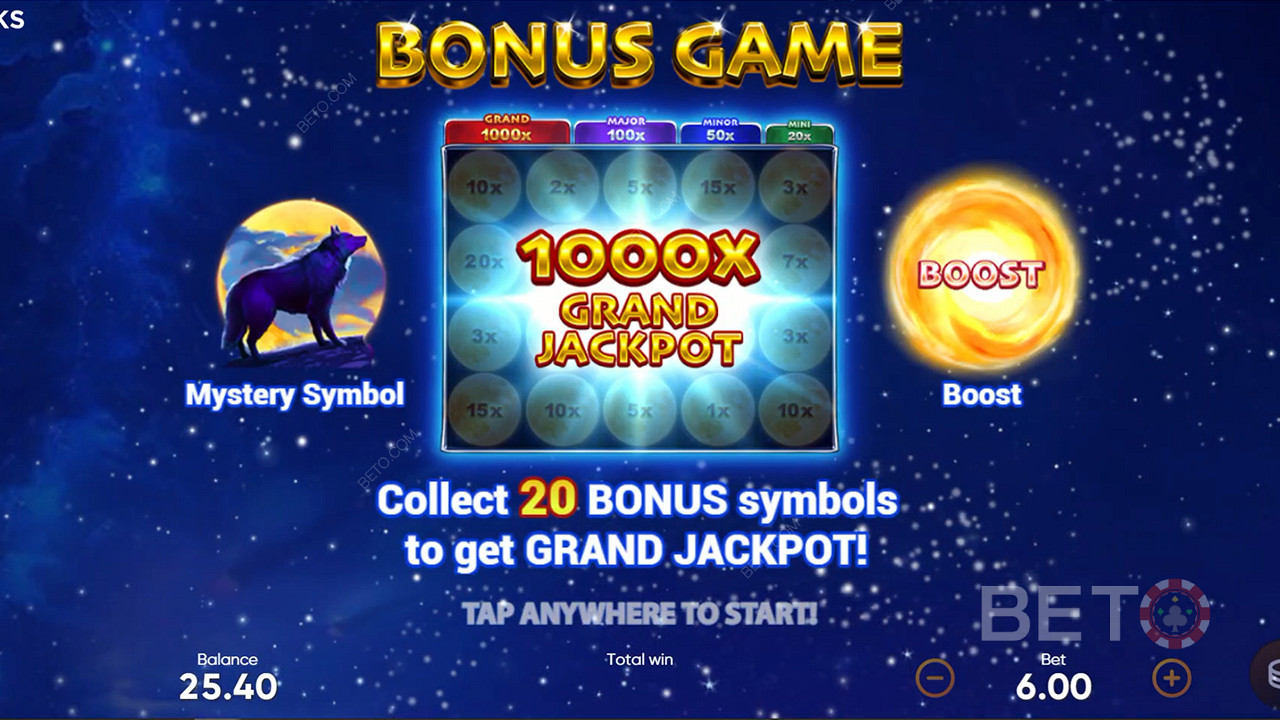 Thu thập 20 biểu tượng Tiền thưởng trong Trò chơi Tiền thưởng để mở khóa giải Jackpot lớn