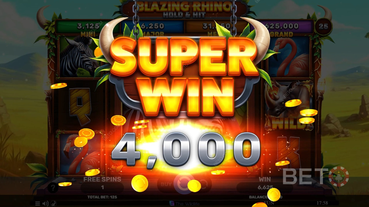 Giải thích về các tính năng bổ sung trong Blazing Rhino Hold & Hit của Spinomenal