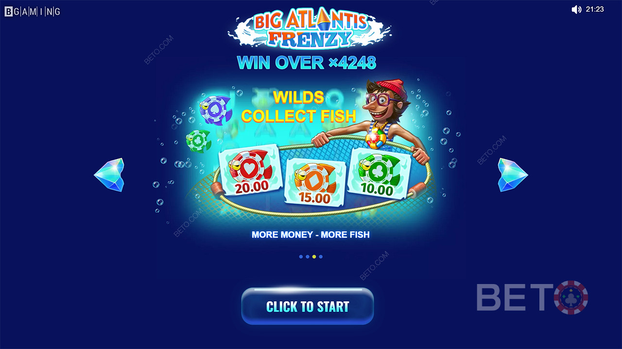 Các biểu tượng hoang dã thu thập các biểu tượng cá và giành giải thưởng trong trò chơi Big Atlantis Frenzy