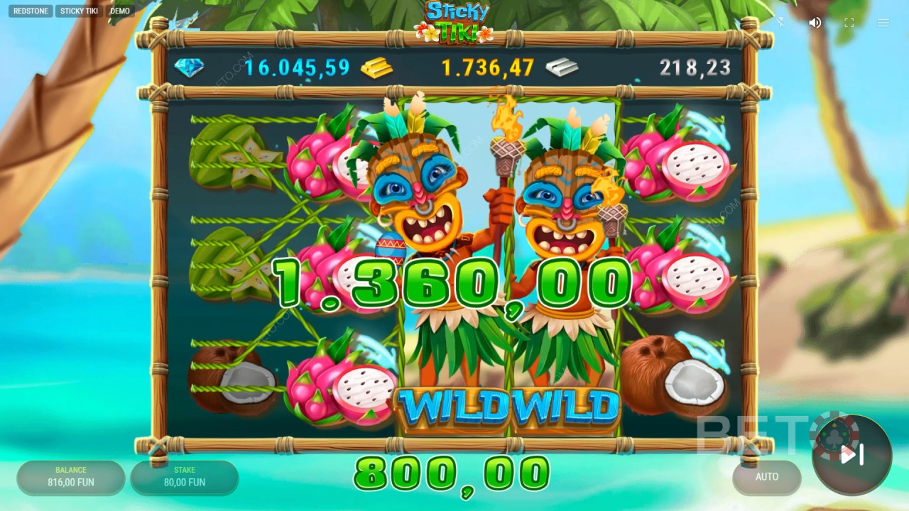 Giành chiến thắng gấp 10.000 lần tiền cược của bạn trong trò chơi slot Sticky Tiki!