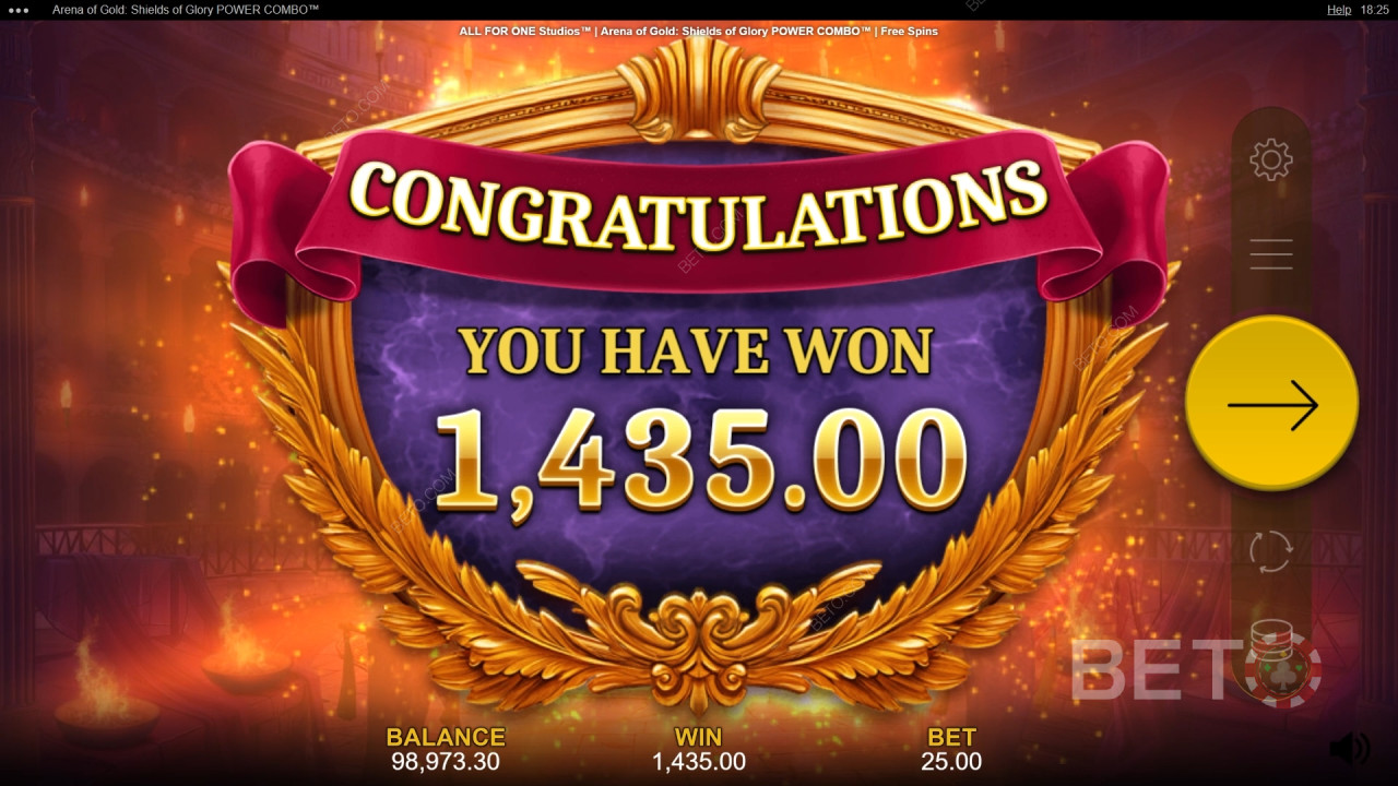 Giành chiến thắng gấp 10.000 lần tiền cược của bạn trong trò chơi slot video Arena of Gold: Shields of Glory Power Combo!