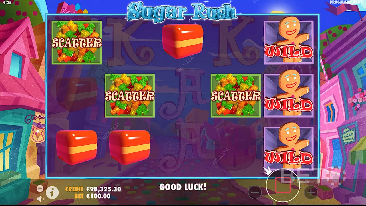 Vòng quay miễn phí được kích hoạt bằng cách hạ cánh ít nhất 3 Scatters trong trò chơi slot Sugar Rush