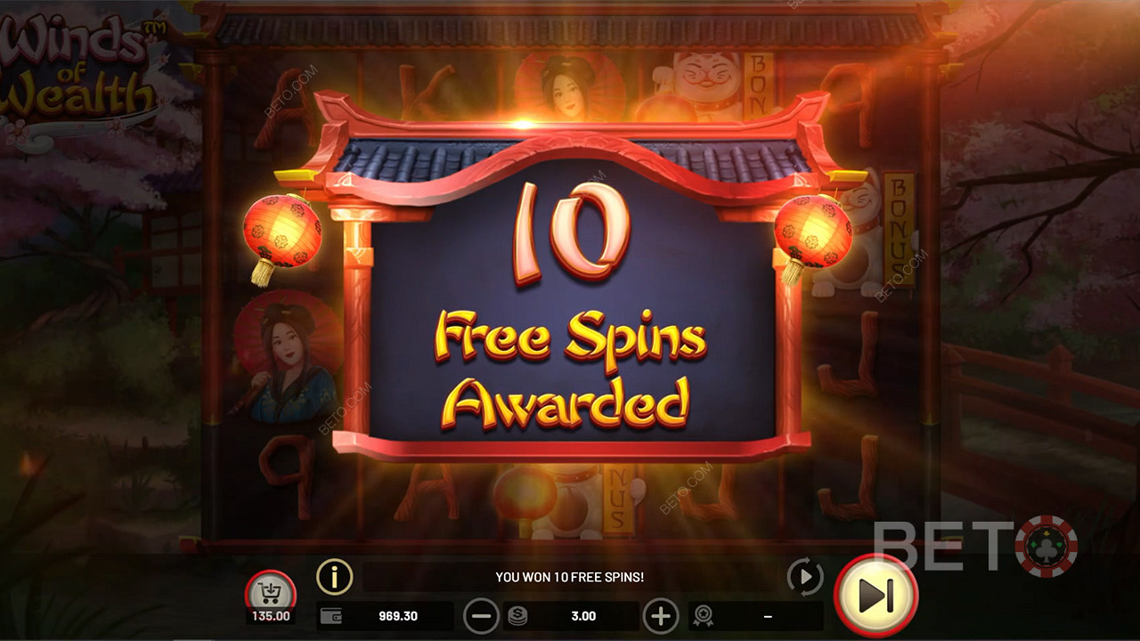 Giành được 10 đến 25 vòng quay miễn phí trong máy đánh bạc Winds of Wealth