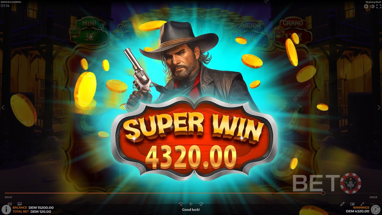 Giành chiến thắng gấp 5.105 lần tiền cược của bạn trong trò chơi slot trực tuyến Mustang Rush!
