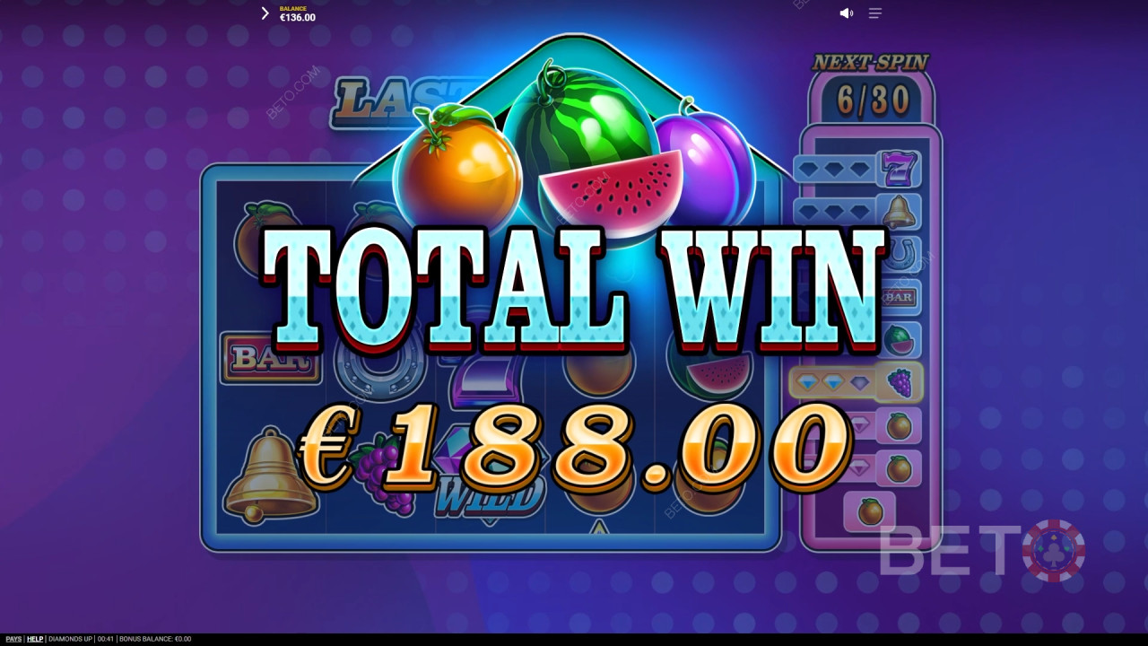 Giành chiến thắng gấp 20.000 lần tiền cược của bạn trong trò chơi slot video Diamonds Up!
