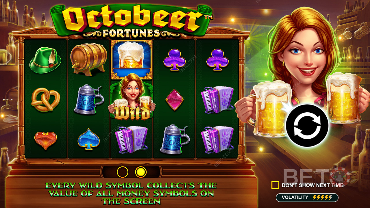 Các biểu tượng hoang dã thu thập các giá trị của các biểu tượng Tiền trong máy đánh bạc trực tuyến Octobeer Fortunes