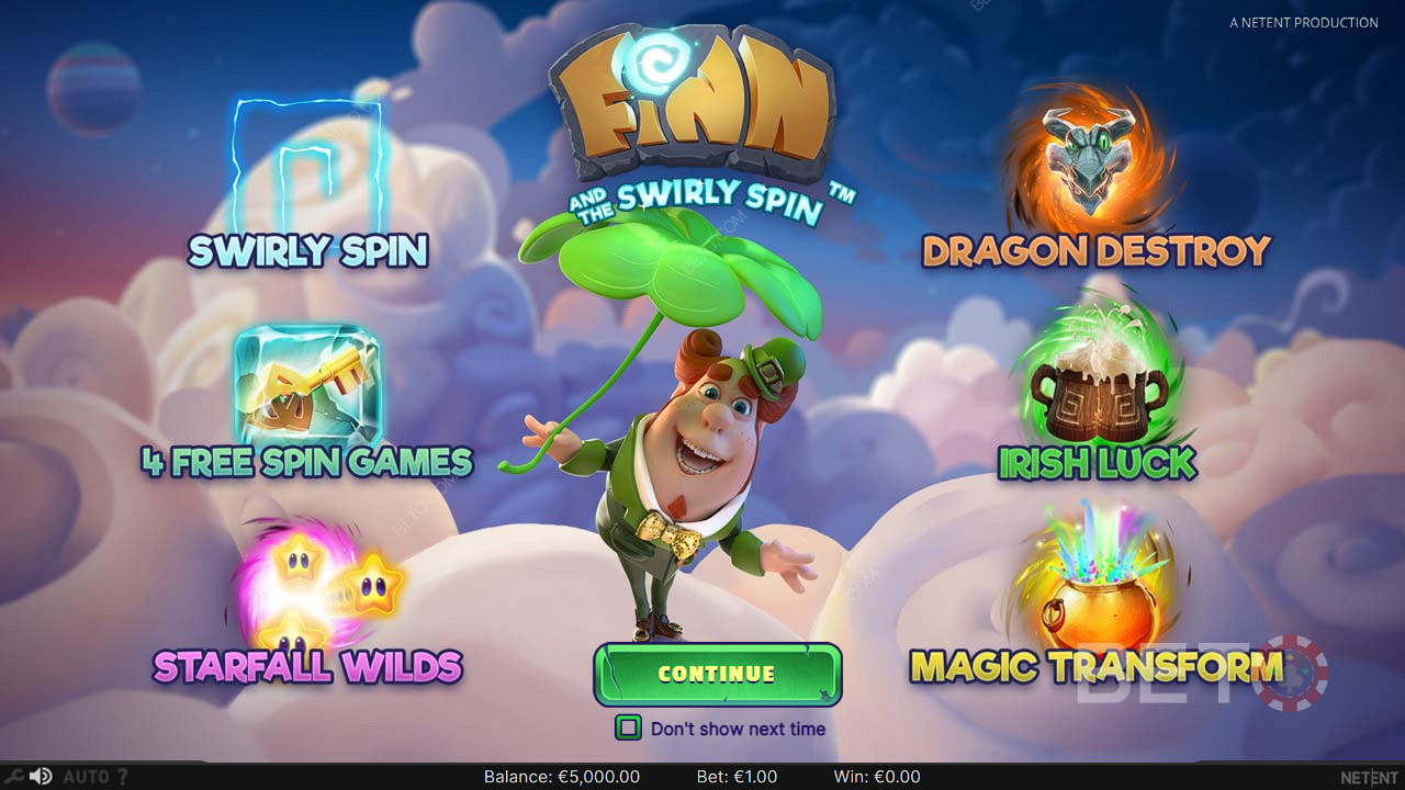 Tận hưởng một loạt các tính năng thú vị trong Finn và máy đánh bạc trực tuyến Swirly Spin