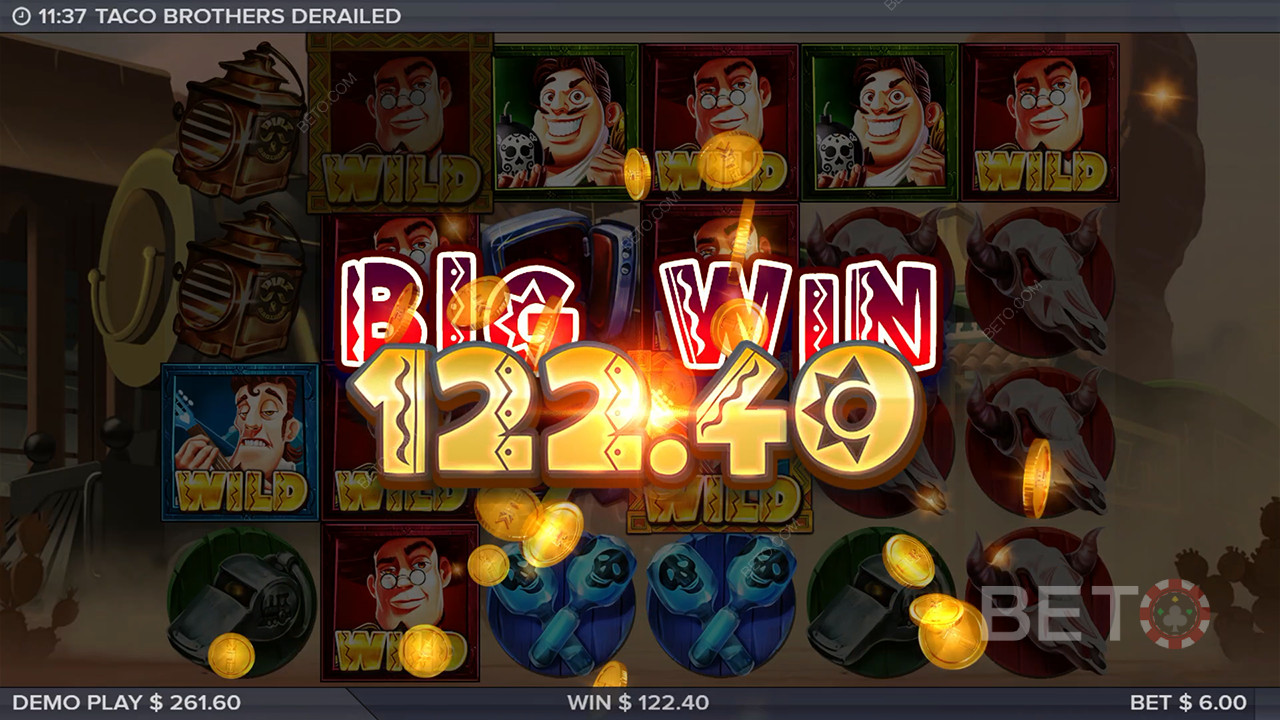 Thắng 10.000 lần tiền cược của bạn trong trò chơi máy đánh bạc Taco Brothers Derailed!