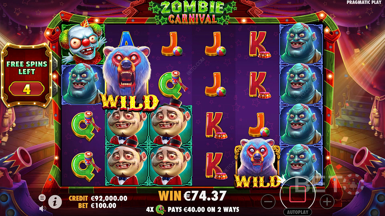 Tận hưởng Sticky Wilds trong các vòng quay miễn phí trong trò chơi đánh bạc trực tuyến Zombie Carnival